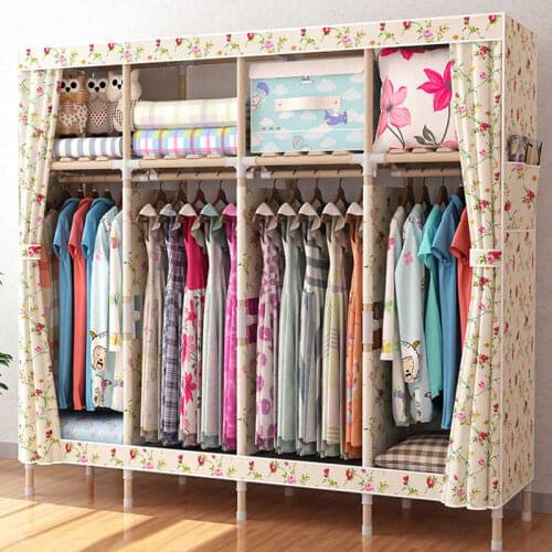 Modern simple bedroom wardrobe solid wood rental room assembled fabric clothes cabinet household hanging closet furniture