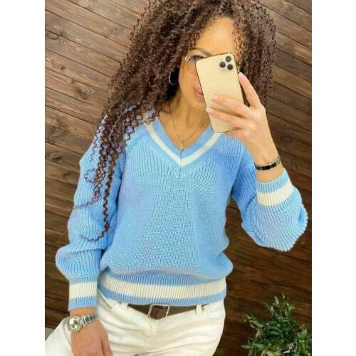 V Neck Casual Sweaters Women Preppy Style Color Matching Long Sleeve Jumpers Ladies High Street Autumn Winter Pullover Knitwear