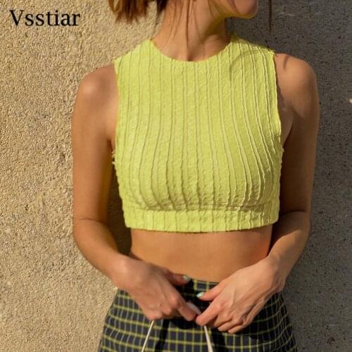 Vsstiar Sleeveless Sexy Crop Top Yellow Orange Black Round Neck Knit Short Vest Ladies Summer Fashion Jacquard Women Tank Tops