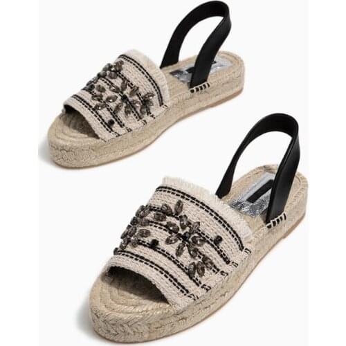 Moraima Snc Crytsal Embellished Flat Shoes Woman Summer Rope Braided Slip on Sexy Sandals Peep Toe Fisherman Casual Shoes