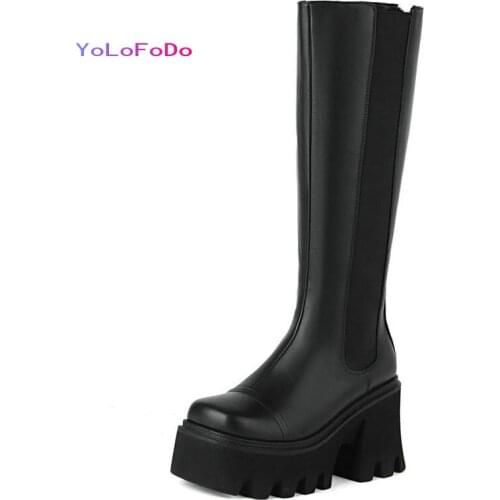 2021 Autumn Winter Women Knee High Boots Platform Square High Heel Ladies Motorcycle Boots PU Leather Zipper Womens Boots Black