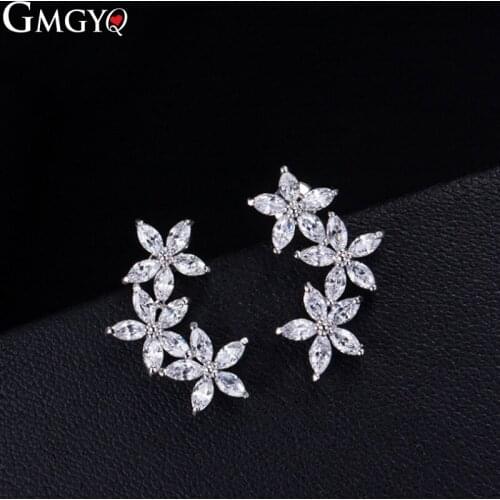 GMGYQ Simplified Design AAA Cubic Zirconia Sparkling White Three Petals Stud Earrings For Women Zirconia Jewelry Summer Flower