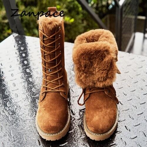 ZANPACE 2020 Winter Platform Women Boots Leather Fur Warm Plush Winter Snow Boots New Round Toe Lace-Up Winter Women Shoes