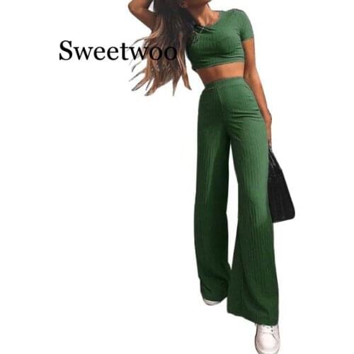 2 Two Piece Set Women O Neck Crop Top and Long Pants Set Sexy Autumn Short Sleeve Tracksuit Women 2020