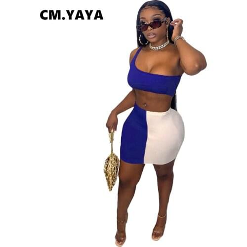 CM.YAYA Women Set Patchwork Sleeveless One Shoulder Crop Tops Mini Skirts Two 2 Piece Sets Sexy Tracksuit Summer Outfits 2021