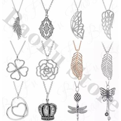 100% 925 Sterling Silver Necklace Luxury Four-Leaf Clover Rose Flower Butterfly Dragonfly Suitable For Original Female Jewelry