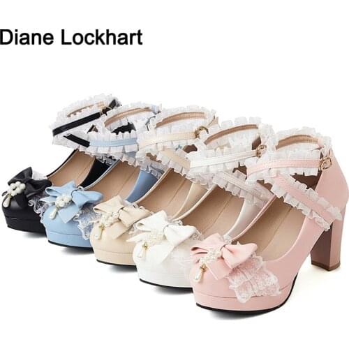 2021 New Summer Ladies Platform Heels Cute Bow Lace Princess Mary Jane Lolita Shoes Party High Heel Buckle Women Pumps Pink 32
