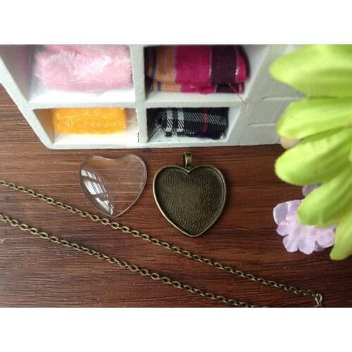 30Sets, Brown Photo Pendant DIY Kits, 25mm, Heart, Cabochon Settings, Metal Trays, Glass Cabochons, Metal Necklace Chains