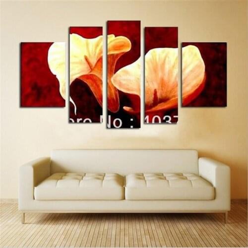 5panels pure hand painted oil paintings lily flower red background for decoration canvas art home decor