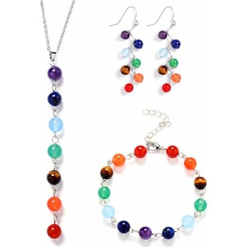 Natural Stone 7 Chakra Necklace Earrings Bracelet Jewelry Set Yoga Symbol Indian Buddha Reiki Beads Pendant Gift Accessories