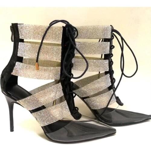 Free shipping sexy lady Transparent clear crystal strappy point toe high heels shoes sandals
