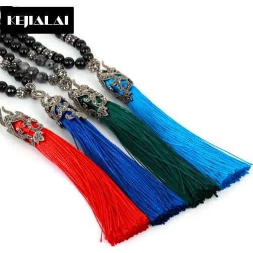 Bohemian Vintage Style Women Statement Necklace Long Tassel Natural Stone Beads CZ Stopper Chain Necklace for Sweater Women Gift