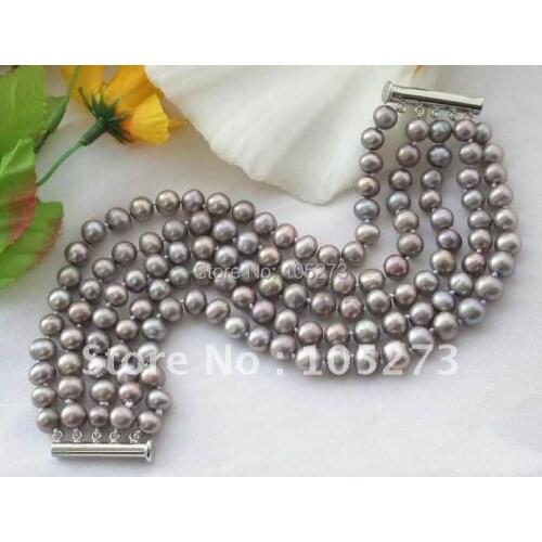 5Rows AA 7-8MM Lavender Round Shaper Freshwater Pearl Bracelet 8'inchs Fashion Womens Jewellery New Free Shipping FN1917