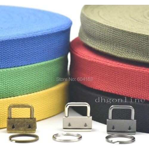 5 Yards Cotton Woven 1" 25mm Webbing + 25 Pcs Key Fob Hardware keyrings Color Choice
