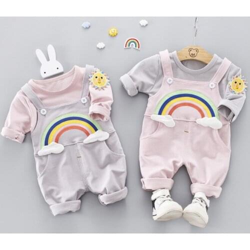 Toddler Infant Baby Outfit Suit Boys Girls Cute Rainbow Overalls Sets Kids Girls Cute Overalls+long Sleeve T Shrit Suit Girl Set
