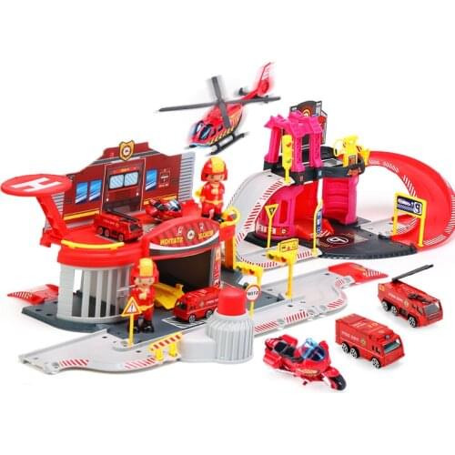 Kids Parking Lot Toy Set Alloy Engineering Truck Fire Truck Car Garage Boy Toy Model DIY Track Railway Boys Toys Gift CT0213