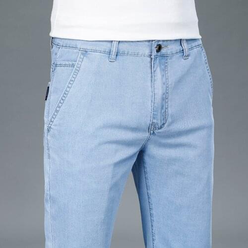 Spring And Summer New MenS High Waist Thin Jeans Business Casual Loose Straight Stretch Cotton Denim Trousers Male Brand Pants