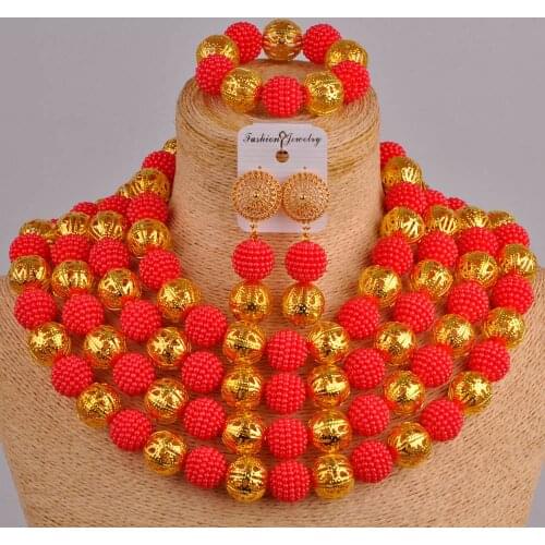 Red african wedding beads costume jewelry set simulated pearl nigerian wedding necklace party jewelry sets FZZ50