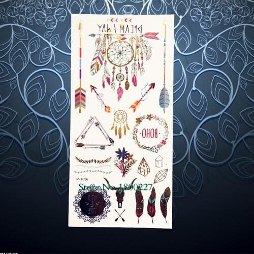 Colorful Dreamcatcher Flash Metallic Temporary Tattoo Indian Arrows Pattern Women Body Arm Tatoo Sleeve 21x10CM Feather Henna