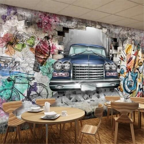 Milofi customized large 3D wallpaper mural European classic car hand-painted graffiti wall restaurant bar background wall