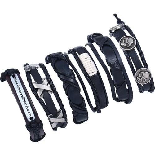 Punk Casual skull head charm 6 Pcs/set Wrap Black Leather Bracelets Men Women Homme Femme Gift Male Jewelry