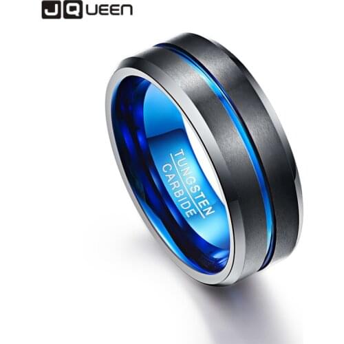 JQueen Mens 8mm Tungsten Carbide Ring Blue & Black Matte Finish Beveled Edge Wedding Band Size 4 to 17