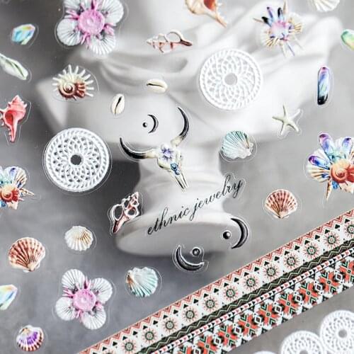 New 5D Engraved Nail Sticker Bohemia Sea Shell Starfish Summer Fruit Image Charm Desgin Empaistic Nail Slide Decals Z0458