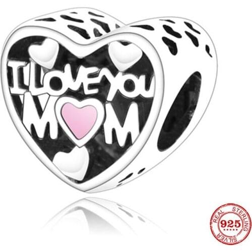 Mom Gift New 925 Sterling Silver I Love You Mom Heart Charm Beads Fit Original Pandora Bracelet Bangle DIY Silver 925 Jewelry