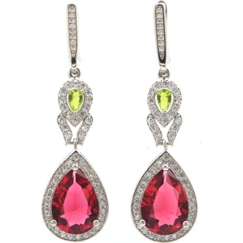 35x20mm SheCrown Big Heart Gemstone 20mm Created 16g Pink Raspberry Rhodolite Garnet CZ Ladies Silver Earrings
