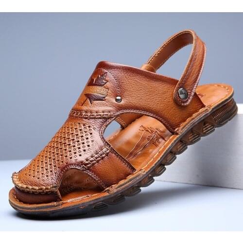 2021 Genuine Leather Shoes Men Beach Sandals Thick Sole Non-slip Cow Leather Mens Sandals Fashion Male Summer Holiday KA3560