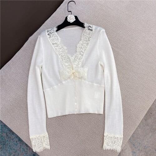 Sexy Top Women New Elegant All-Matching Thin Lace Bow Hem V-neck Thin Knit Shirt Female Clothes