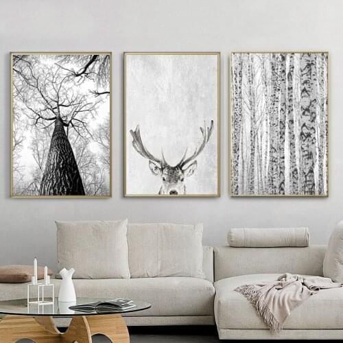 Modern Scandinavian Grey White Tree Deer Canvas Painting Animal Plants Posters Wall Art Pictures Decor for Living Room