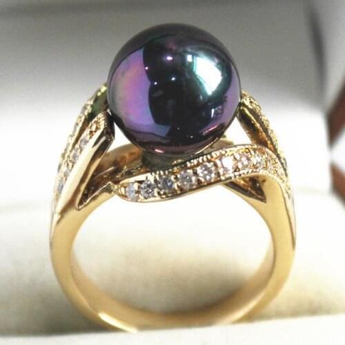 Ladys elegant new jewelry 18KGP with crystal decorated &12mm purple shell pearl ring(#7.8.9)
