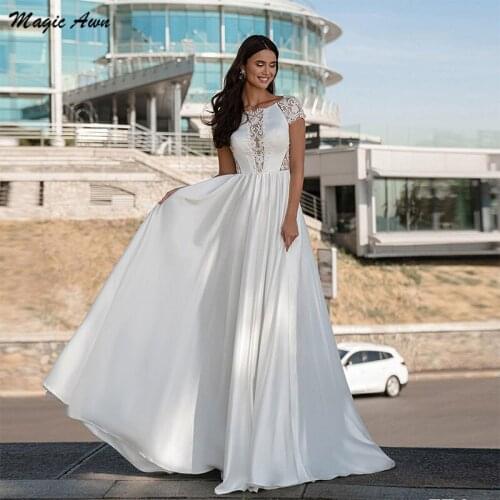 Magic Awn 2021 Princess Wedding Dresses Boho Lace Appliques Satin Mariage Gowns Illusion A-Line Beach Bride Dress Abito Da Sposa