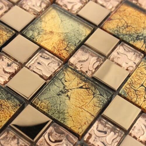 European Style Golden Color foil Crystal Glass Electroplate Mosaic Tiles for kitchen backsplash sticker bathroom floor tiles