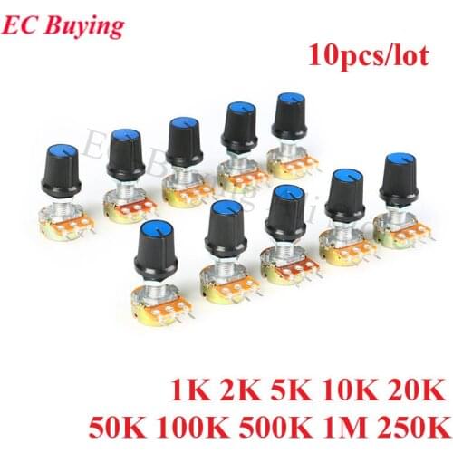 10PCS Linear Potentiometer 15mm Shaft With Nuts And Potentiometer Button Cap for 1K 2K 5K 10K 20K 50K 100K 500K 1M 250K WH148