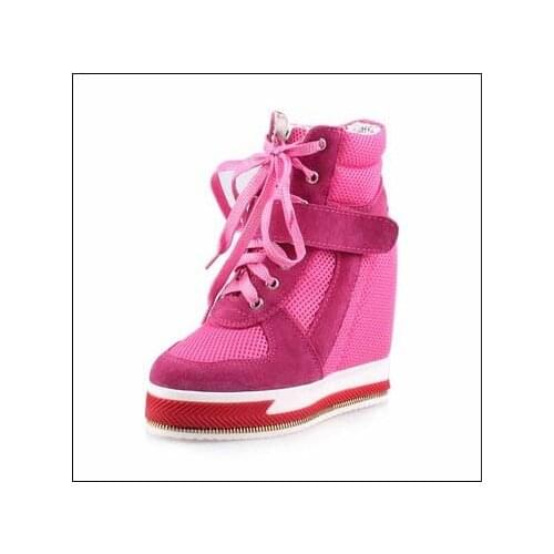New brand 2016 hot sale mesh breathable hidden lace up high heels shoes high top platform wedges fashion ladies shoe ankle boots