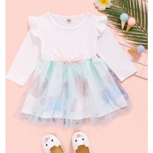 Kid White Korean splicing Dresses Infant Girl Fall Clothes Baby Tulle Elegant Dress Children Spring Costume Unicorn Bow Skirt
