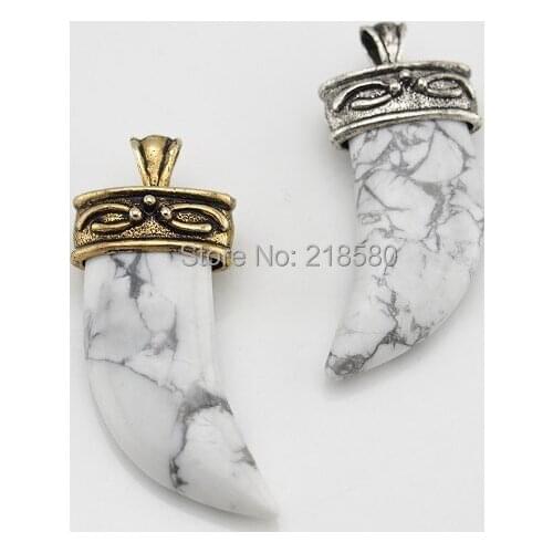 H-C03HT1016 White Howlite Stone Horn Tusk Pendant Charm with Antique Gold Or Antique Silver Cap
