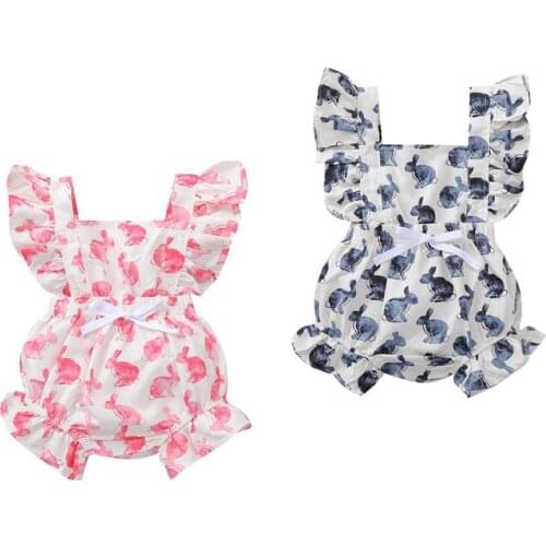 0-24M Newborn Baby Girl Boys Rompers Ruffles Sleeveless Rabbit Print Elastic Jumpsuit Summer Clothes