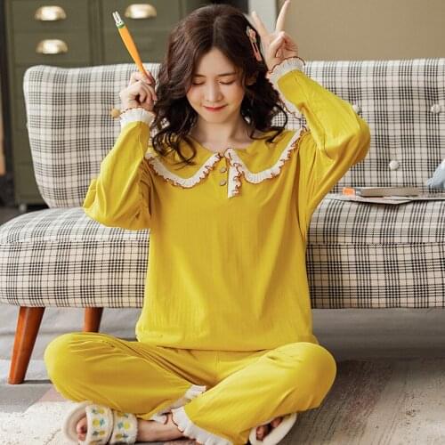 Sweet Lovely Pajamas Princess Women Pajamas Round Neck Square Collar Pure Color Long Top And Long Pants 2-piece Set Female Soft
