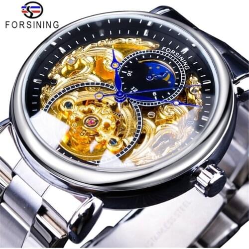 Forsining Top Brand Luxury Skeleton Automatic Mechanical Watch For Men Full Gold Steel Man Business Sun Moon Display Wristwatch