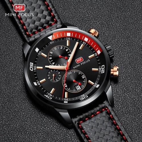 MINI FOCUS Leather Strap Waterproof Quartz Watches Men Army Sports Chronograph Wristwatch Man Luminous Relogios Clock 0017 black