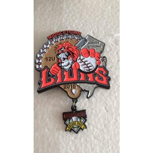 Custom 2018 2.5" baseball MIDDLETOWN LIONS COOPERSTOWN DREAMS PARK dyeing black plated silver glitters trading lapel pin