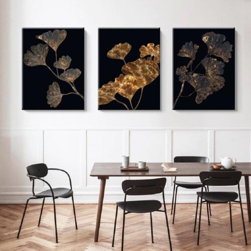 Ginkgo Leaves Wall Art Canvas Prints Modern Black Gold Yellow Plant Vein Painting Nordic Poster For Living Room Home Decor