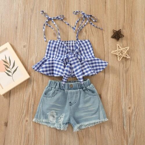 New Fashion Girls Clothes Bow Straps Ruffle Decoration Plaid Printing Camisole + Denim Shorts Set Kids Summer Clothing 1-6Y
