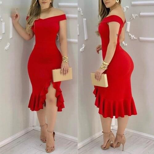 New red one line shoulder lotus leaf edge dress for women