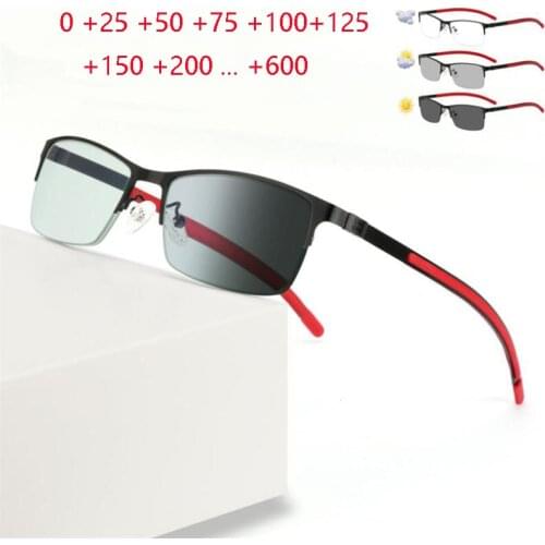 Outdoor Shade Anti-UV Sun Photochromic Gray Hyperopia Eyeglasses Semi-Rimless Resin Lens Power Glasses 0 +25 +50 +75 To +600