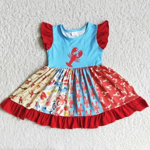 Baby girl clothes summer dress lobster pattern small flying sleeves stitching rotating dress