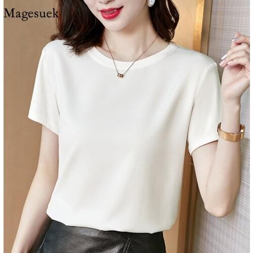 Solid Satin Summer Blouse Women Clothes New Short Sleeve Fashion Loose Blouses Women Casual O-Neck White Tee Shirt Tops 13378